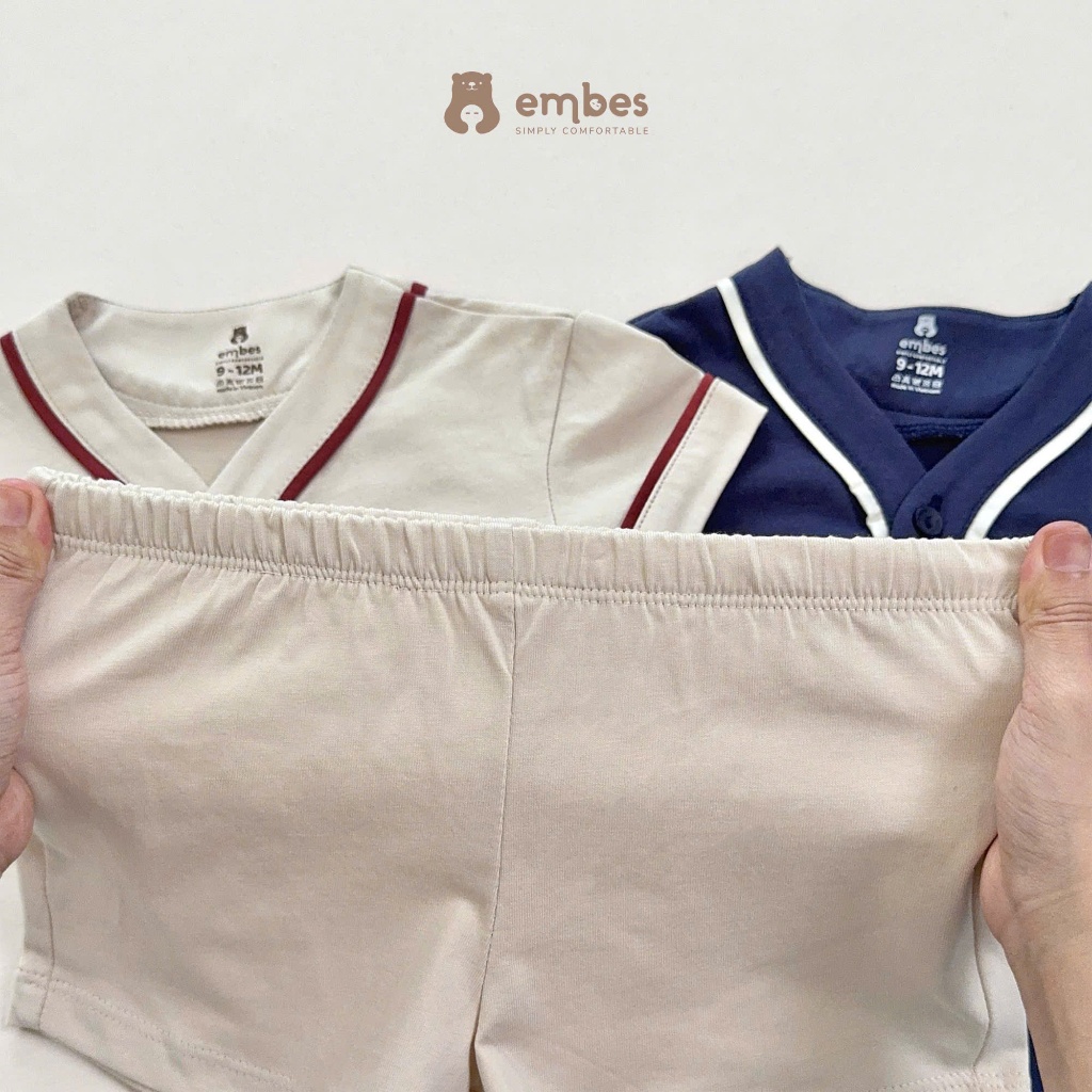 Bộ Cộc Bé Trai Embes, Bộ Cộc Tay Summer Phong Cách Bóng Chày Chất Cotton Cho Bé Trai Size Từ 8-17kg