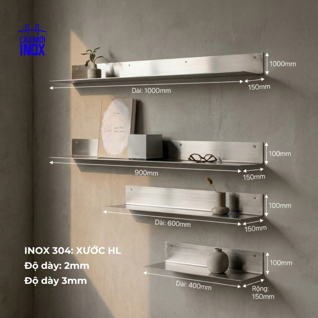 Kệ Inox 304 HL Gắn Tường Decor Hiện Đại Tối Giản – Dày Chuẩn 2mm / 3mm