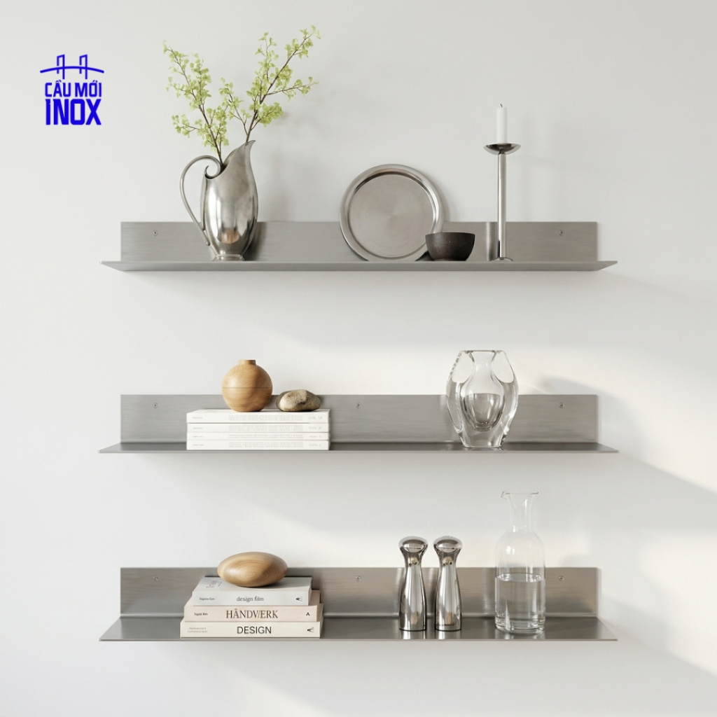 Kệ Inox 304 HL Gắn Tường Decor Hiện Đại Tối Giản – Dày Chuẩn 2mm / 3mm