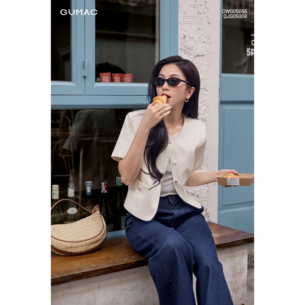 Áo Khoác Blazer GUMAC Form Lửng Tay Ngắn Nút Bọc Thanh Lịch OWG05056