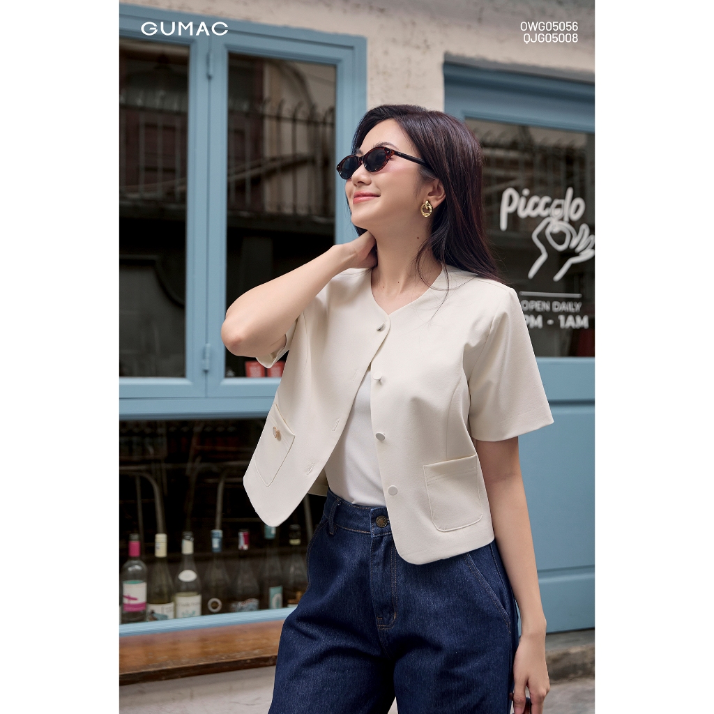 Áo Khoác Blazer GUMAC Form Lửng Tay Ngắn Nút Bọc Thanh Lịch OWG05056