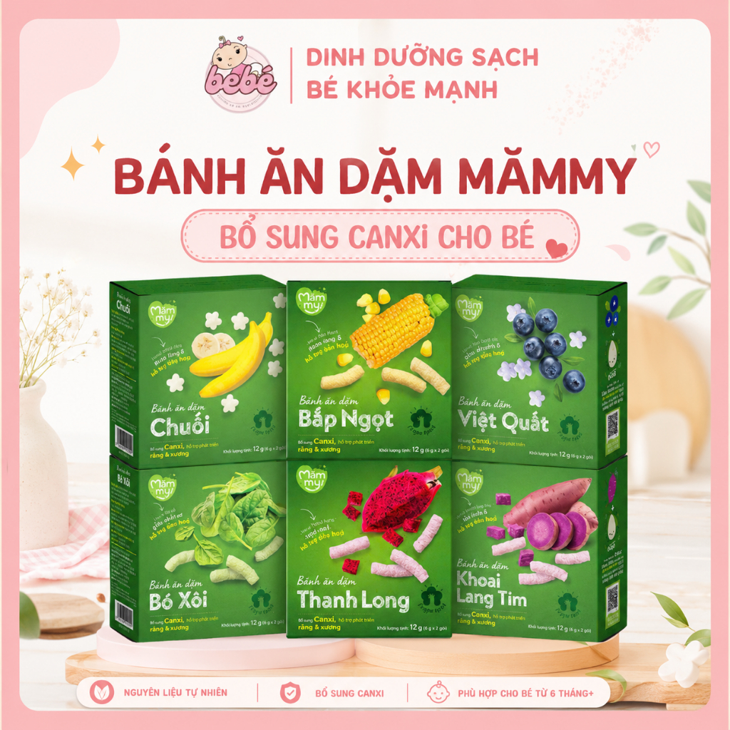 Bánh ăn dặm Mămmy rau củ trái cây tự nhiên bổ sung canxi giúp bé phát triển toàn diện, hộp 12g