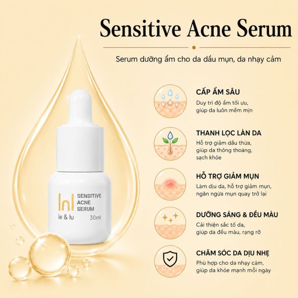 Serum Dưỡng Da Dầu Mụn, Kiểm Soát Nhờn, Giảm Mụn Dịu Nhẹ 30ml SENSITIVE ACNE SERUM Le&Lu