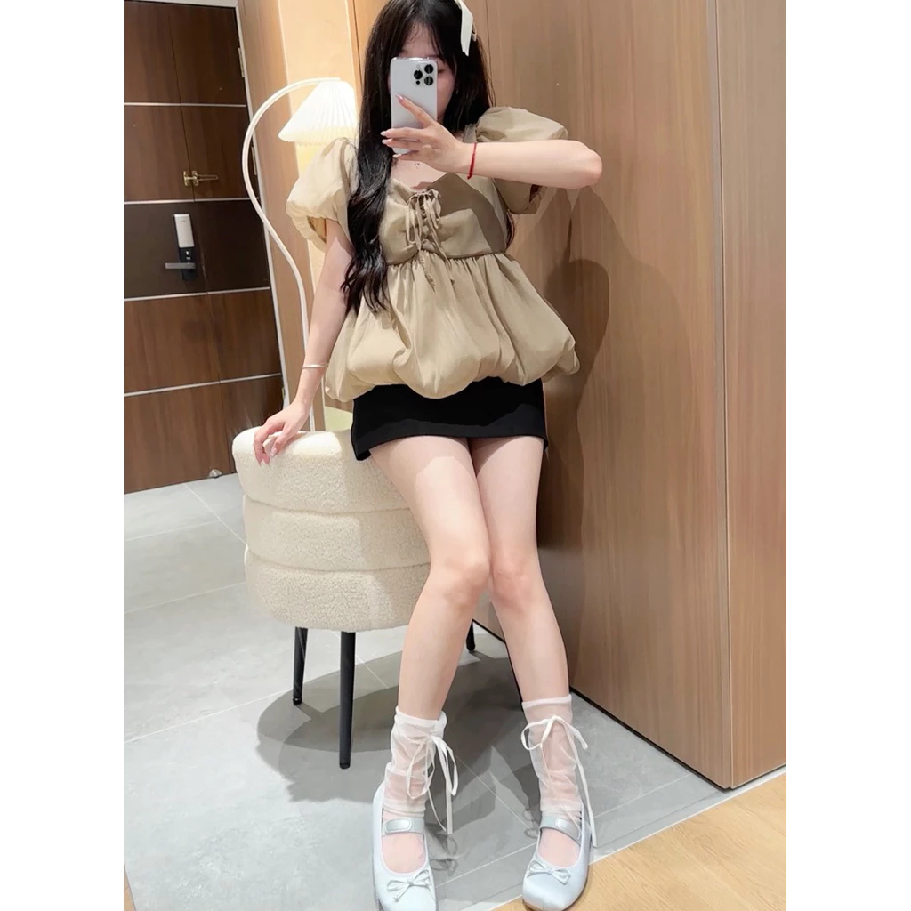 Áo Babydoll Kiểu Nữ Tay Bồng Có Dây Nơ Ngực Dáng Bí Bồng Xoè Công Chúa Tiểu Thư