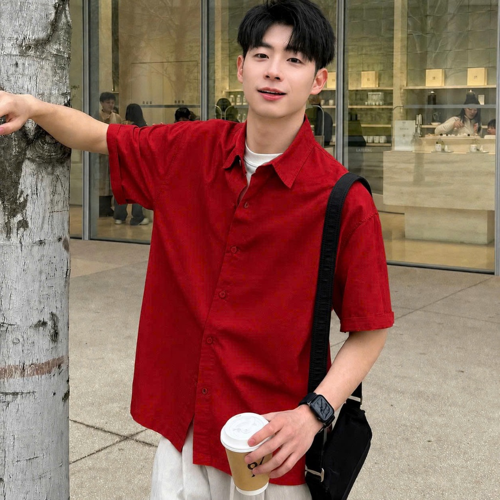 Sơ Mi Đũi Linen Cộc Tay Màu Đỏ Đi Biển Đi Cafe Áo Sơ Mi Nam Tay Ngắn Mùa Hè Thoáng Mát Halley A42