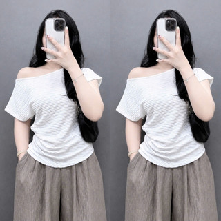 Áo Lệch Vai Bigsize Nữ Cổ Thuyền Tay Hến Vải Xốp Nhật Mềm Mát Nhún Eo Che Bụng Nàng Chubby A267
