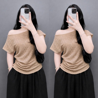 Áo Lệch Vai Bigsize Nữ Cổ Thuyền Tay Hến Vải Xốp Nhật Mềm Mát Nhún Eo Che Bụng Nàng Chubby A267