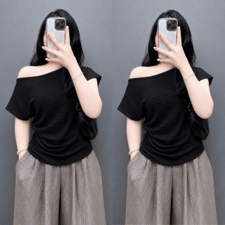Áo Lệch Vai Bigsize Nữ Cổ Thuyền Tay Hến Vải Xốp Nhật Mềm Mát Nhún Eo Che Bụng Nàng Chubby A267