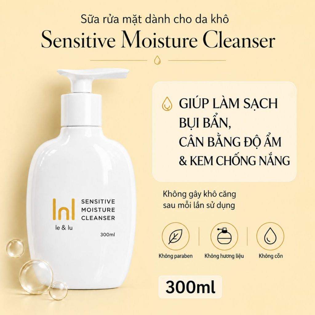 Sữa Rửa Mặt Dịu Nhẹ Dưỡng Ẩm Cho Da Khô, Thiếu Ẩm & Nhạy Cảm SENSITIVE MOISTURE CLEANSER Le&Lu 300ml