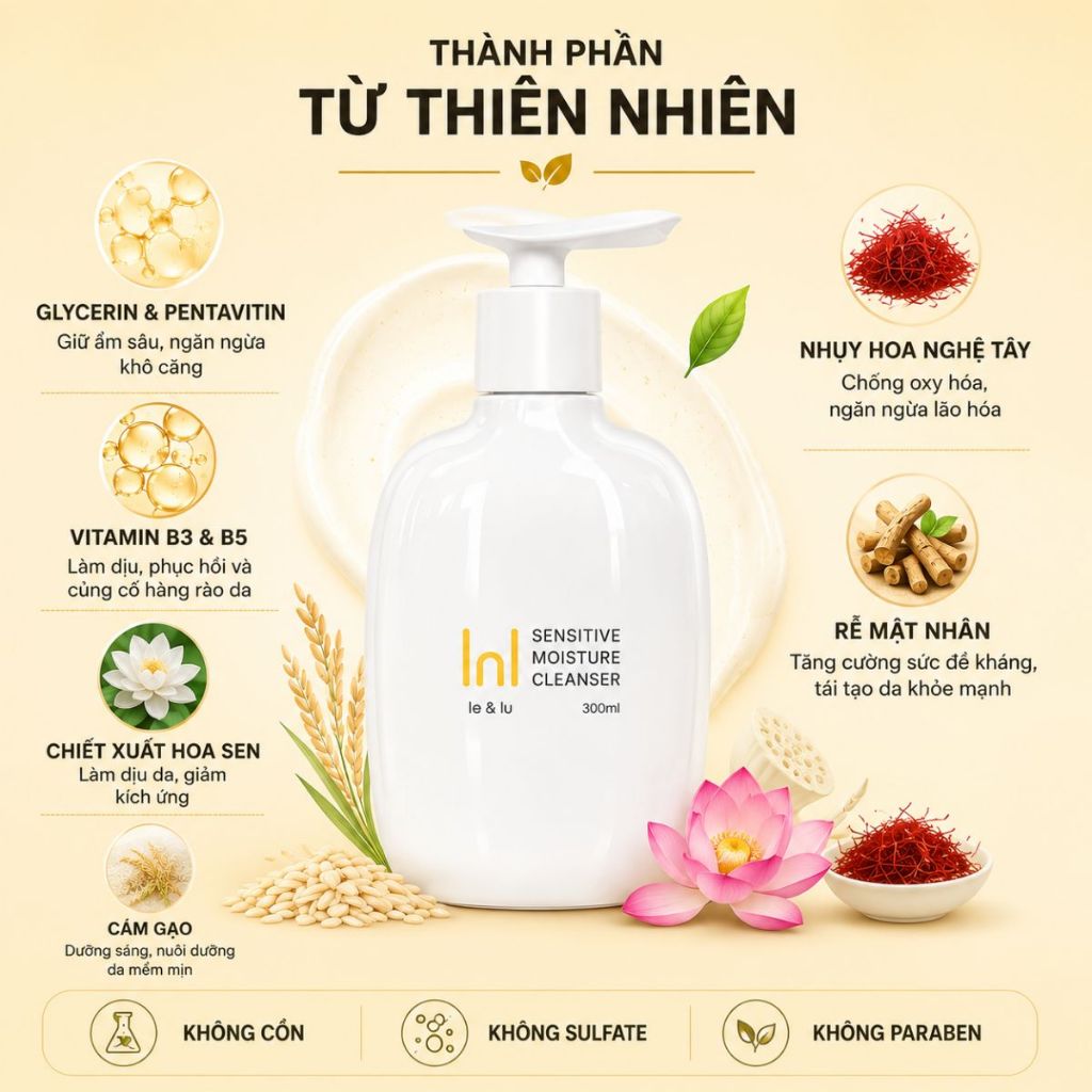 Sữa Rửa Mặt Dịu Nhẹ Dưỡng Ẩm Cho Da Khô, Thiếu Ẩm & Nhạy Cảm SENSITIVE MOISTURE CLEANSER Le&Lu 300ml