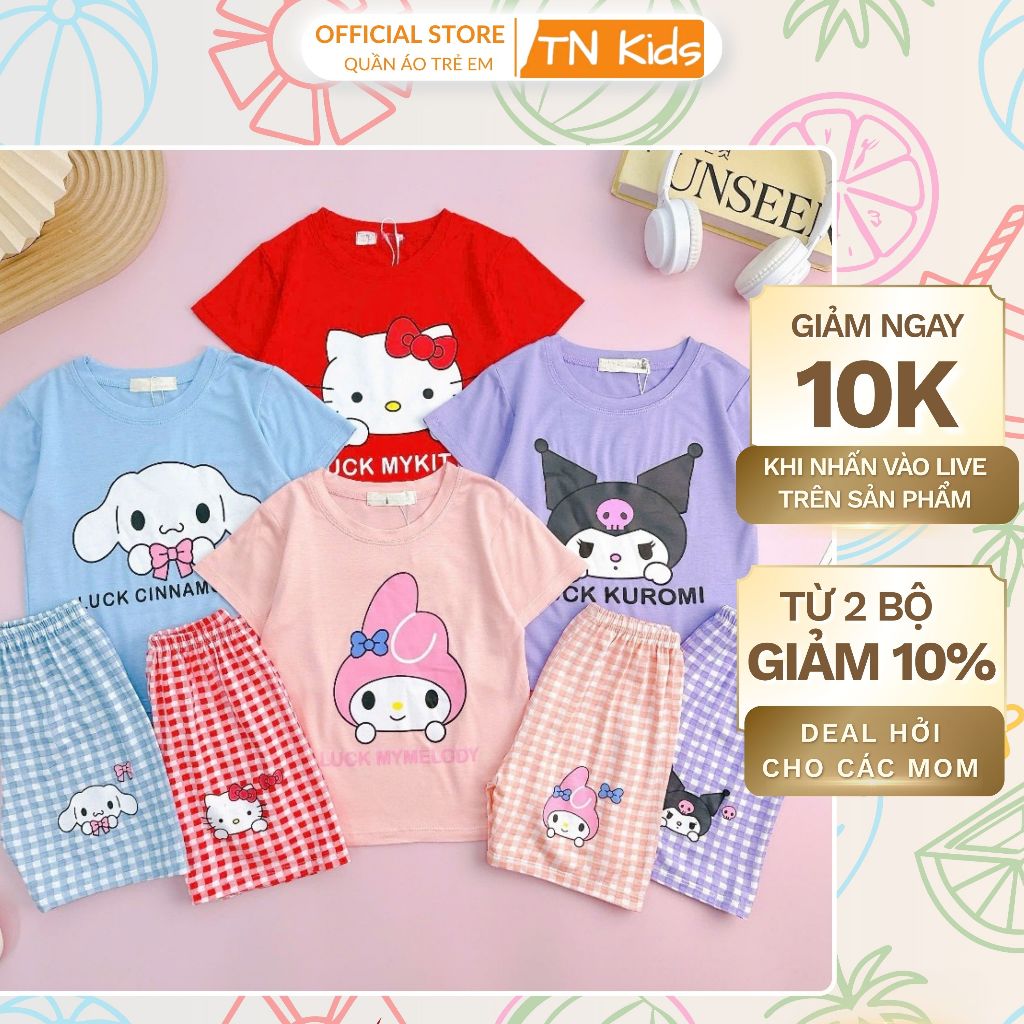 [Bé 9-32kg] Bộ Ngắn Tay In Hình Phối Quần Caro Thun Lạnh Mềm Mịn Mát Cho Bé Gái Mặc Đi Học, Đi Chơi