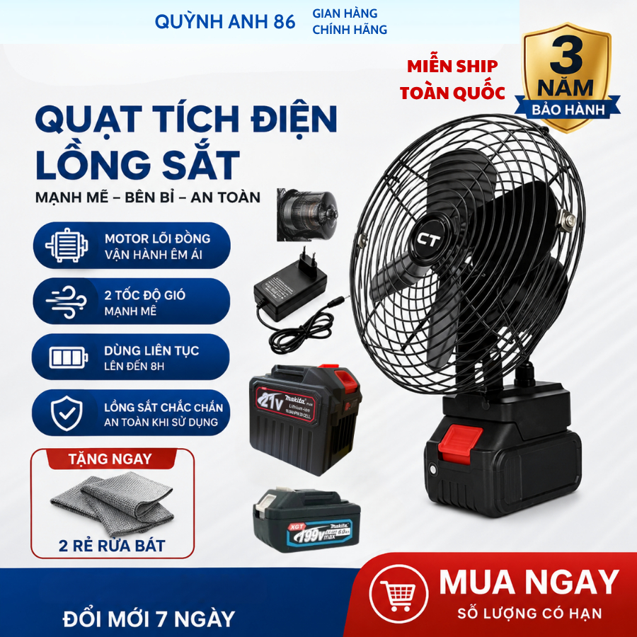 Quạt Tích Điện Lồng Sắt Makita, Đế Pin 21V - 2 Mức Gió, Sử Dụng4 -8 Tiếng, Kích Thước 8 Inch HOT2026