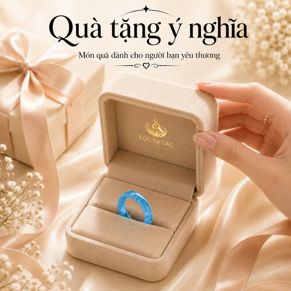 Nhẫn đá thạch anh Chalcedony phong thủy Lộc Tụ Các Ocean Blue chất băng - Khởi quang tinh xảo thu hút năng lượng