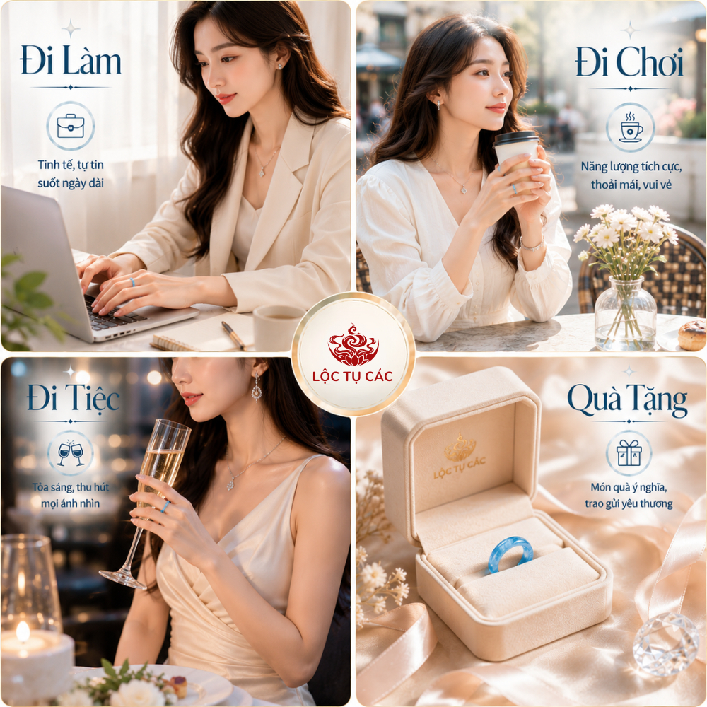 Nhẫn đá thạch anh Chalcedony phong thủy Lộc Tụ Các Ocean Blue chất băng - Khởi quang tinh xảo thu hút năng lượng