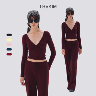 THEKIM SET LẺ Áo thun dài tay giao chéo cổ V và quần dài suông phối dây rút chất vải rib cotton mềm CS362363