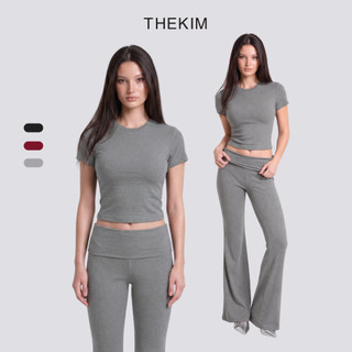 [ DEAL MỞ BÁN ] THEKIM Set Áo thun trơn cổ tròn và quần ống loe cạp gập bản to chất liệu rib cotton mềm CS337336