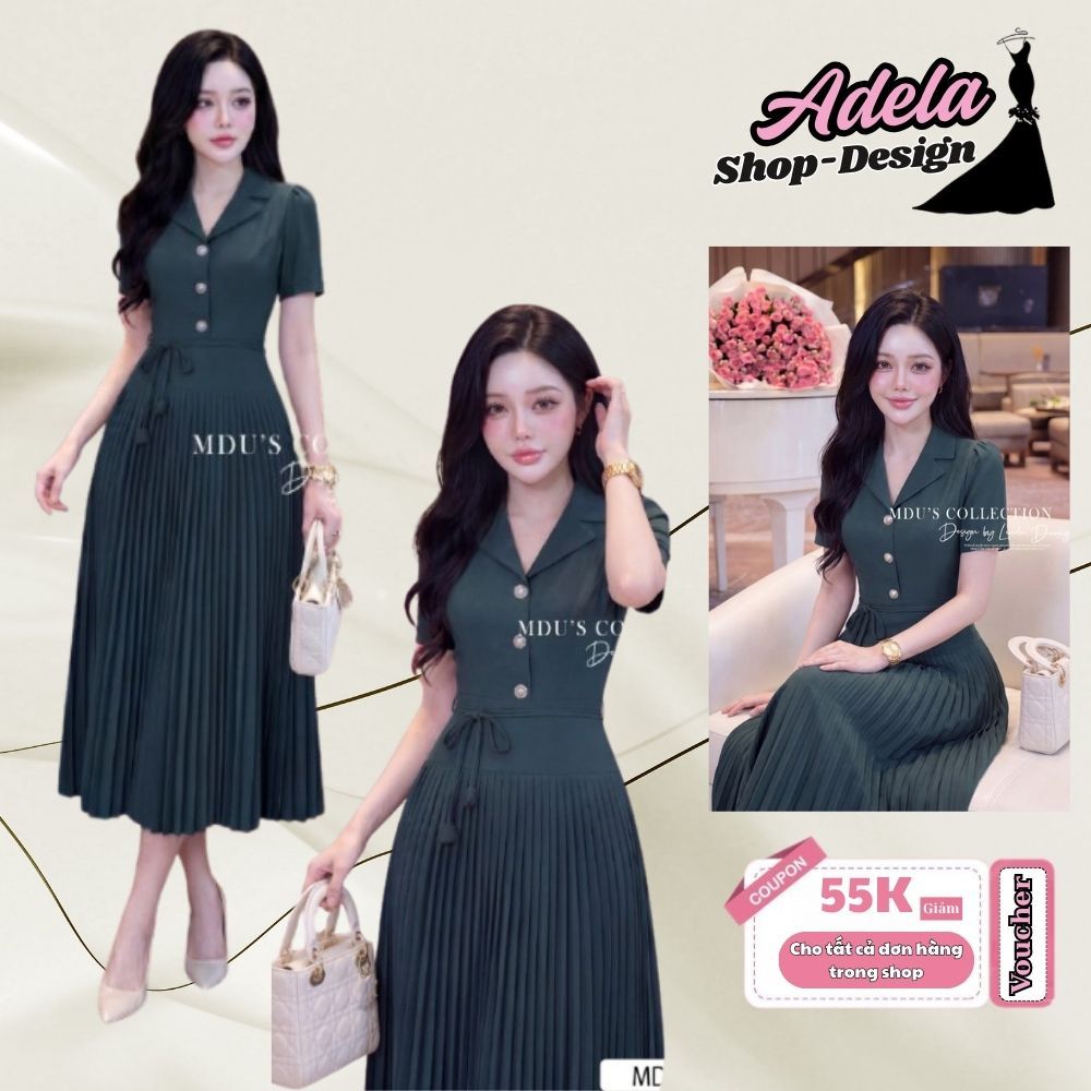 Váy công sở ADELA DESIGN Gold cổ vest xanh lá dáng xòe dập ly cúc đính thanh lịch cao cấp MDU6133