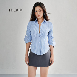 THEKIM Áo sơ mi dài tay dáng ôm chiết eo , áo sơmi kẻ thêu logo ngực T252
