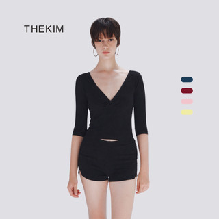 THEKIM Set Áo tay lỡ cổ V và quần short nhún cạnh chất liệu rib cotton mềm CS394361