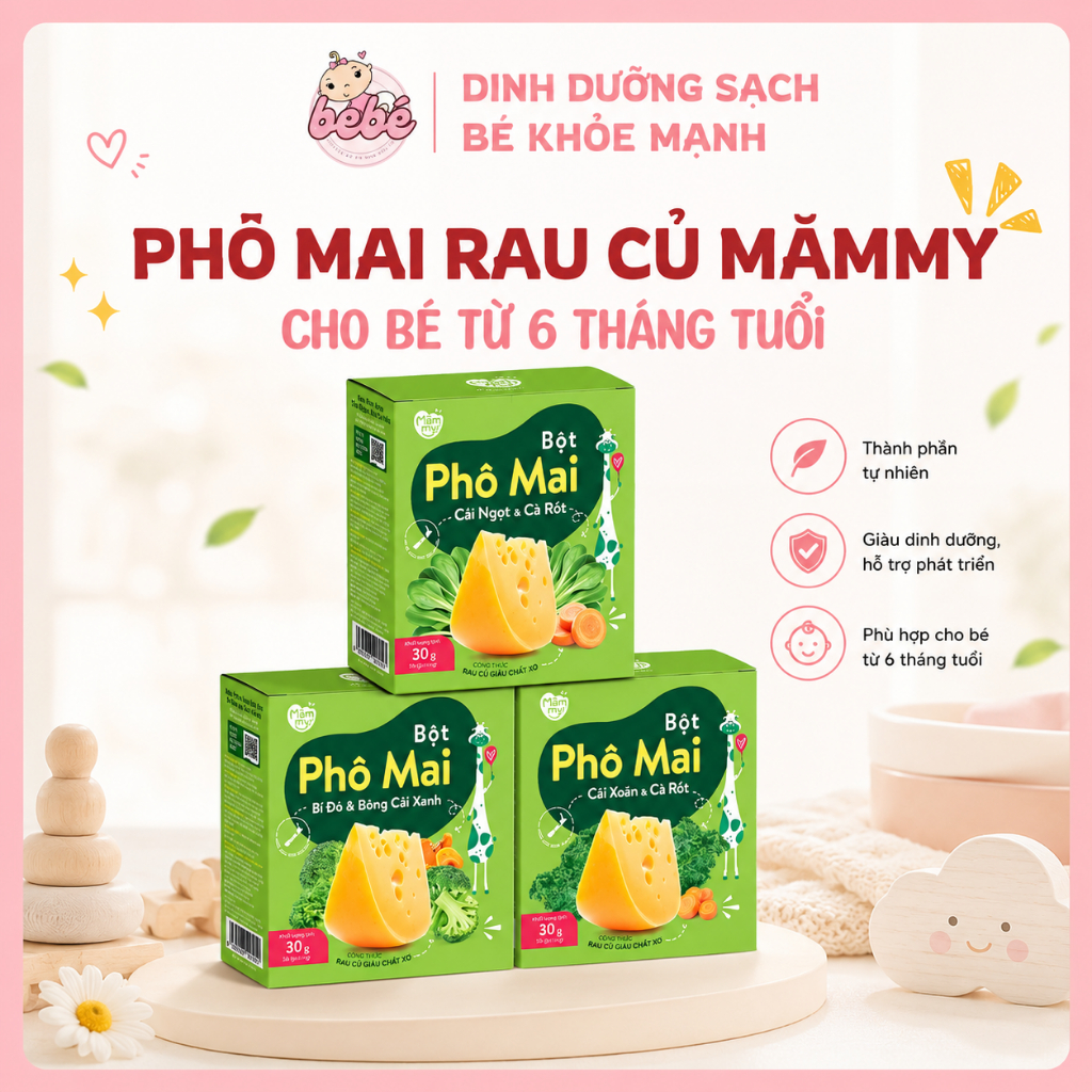 Phô mai tách muối Mămmy dạng bột kết hợp với rau củ tự nhiên bổ sung canxi và chất xơ cho bé 6 tháng