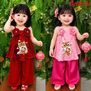 Áo Yếm Bé Gái Họa Tiết In Hình Lân Trung Thu, Áo 2 Dây Cho Bé Gái Mặc Tết Chất Áo Gấm Quần Lụa Mềm Mịn BB08 - BEEKIDS