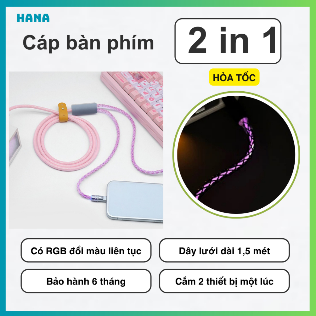 Dây Cáp sạc RGB 2 in 1 – Cắm bàn phím - Dây sạc phát sáng đổi màu - Vỏ hợp kim kẽm cao cấp - Dài 1,5 mét