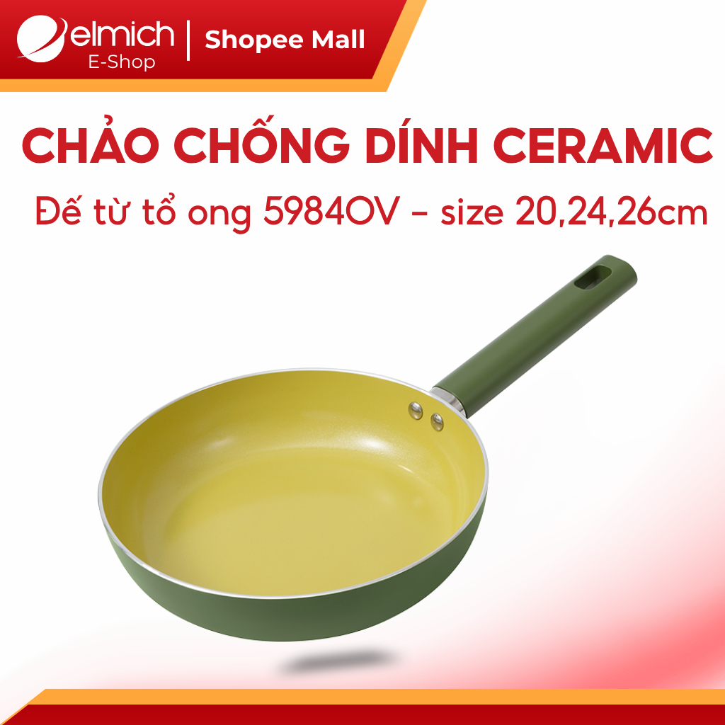 Chảo Chống Dính Ceramic Elmich Olive 5984OV Size 20-26cm Đế Từ Tổ Ong Dùng Bếp Từ Cao Cấp