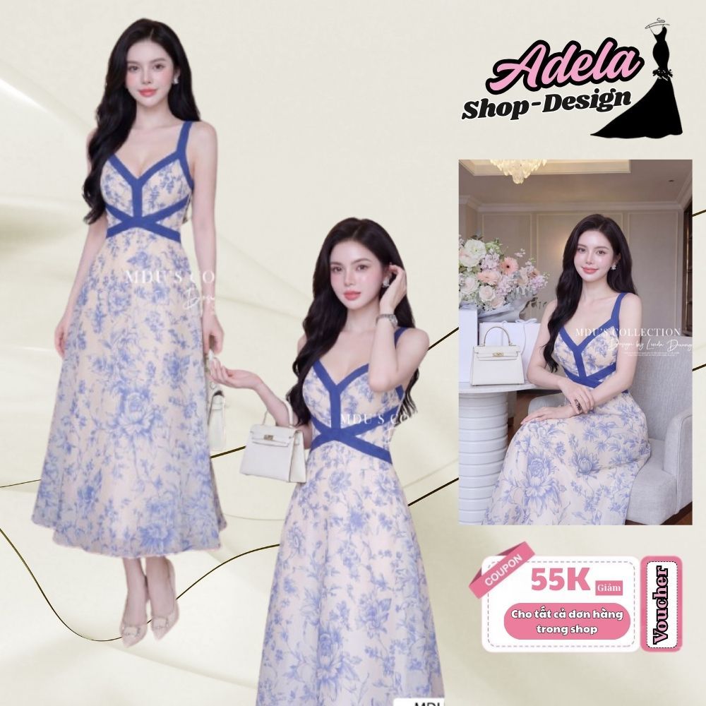 Váy Thiết Kế ADELA DESIGN Mango Ý Cao Cấp Hai Dây Phối Lụa Twist Satin MDU6099