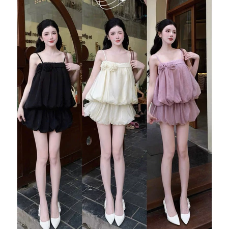 Váy 2 Dây Babydoll Đính Hoa Ngực Dáng Phồng Tiểu Thư Sang Chảnh 3 Màu Siêu Xinh