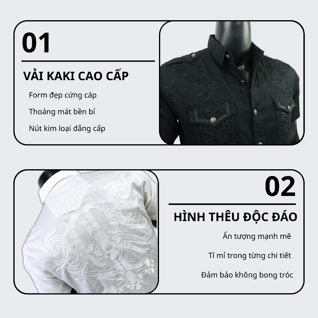 Sơ Mi Rock Classic Cao Cấp Thêu Họa Tiết Kiếm Chỉ Ẩn, Vải Kaki Tôn Dáng - Cúc Kim Loại Đẳng Cấp 069