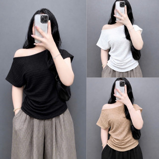 Áo Lệch Vai Bigsize Nữ Cổ Thuyền Tay Hến Vải Xốp Nhật Mềm Mát Nhún Eo Che Bụng Nàng Chubby A267