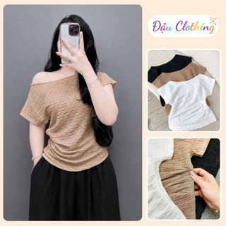 Áo Lệch Vai Bigsize Nữ Cổ Thuyền Tay Hến Vải Xốp Nhật Mềm Mát Nhún Eo Che Bụng Nàng Chubby A267