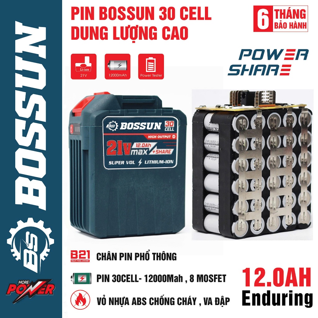 COMBO Pin Sạc BOSSUN 30/20/15/10/5 CELL ABS 21V 8.0Ah Chân pin phổ thông Bảo Hành Chính Hãng