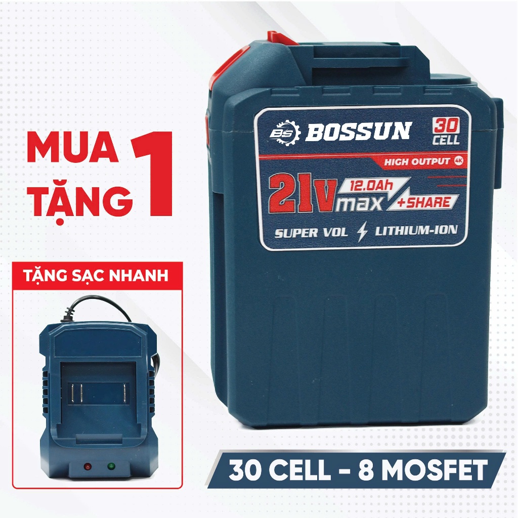 COMBO Pin Sạc BOSSUN 30/20/15/10/5 CELL ABS 21V 8.0Ah Chân pin phổ thông Bảo Hành Chính Hãng