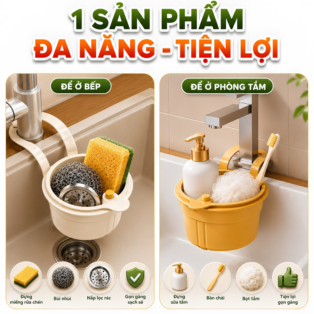 ( ComBo Giá Rẻ ) Giỏ Lọc Rác Treo Bồn Rửa + Khăn Kim Loại Rửa Chén - Vòm Decor – Lọc Thức Ăn Thừa, Thoát Nước dễ dàng,