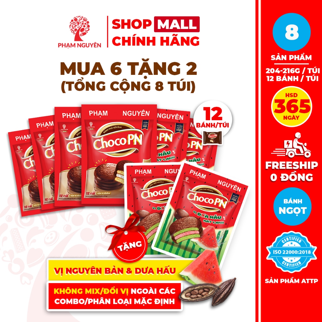 [MUA 6 TẶNG 2] Tổng cộng 8 Túi Bánh phủ socola Choco PN Phạm Nguyên – Thương Hiệu Việt 216g