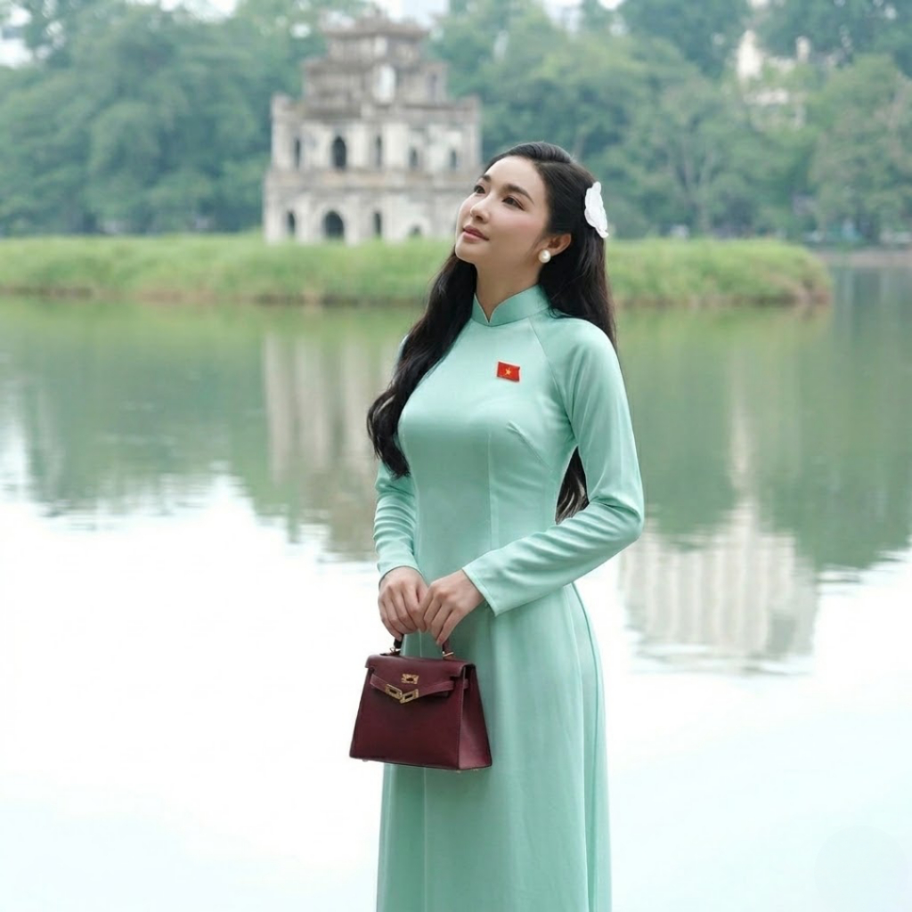 Áo Dài Truyền Thống Dáng Suông Nữ LICHEE Đính Kèm Hoạ Tiết Thêu Hình Cờ Đỏ Sao Vàng