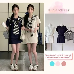 Set Bộ Nữ Thêu Logo Gồm Quần Giả Váy Chữ A Và Áo Cộc Tay, Bộ Đồ Nữ Thể Thao Phối Áo Choàng Kẻ Sọc Năng Động