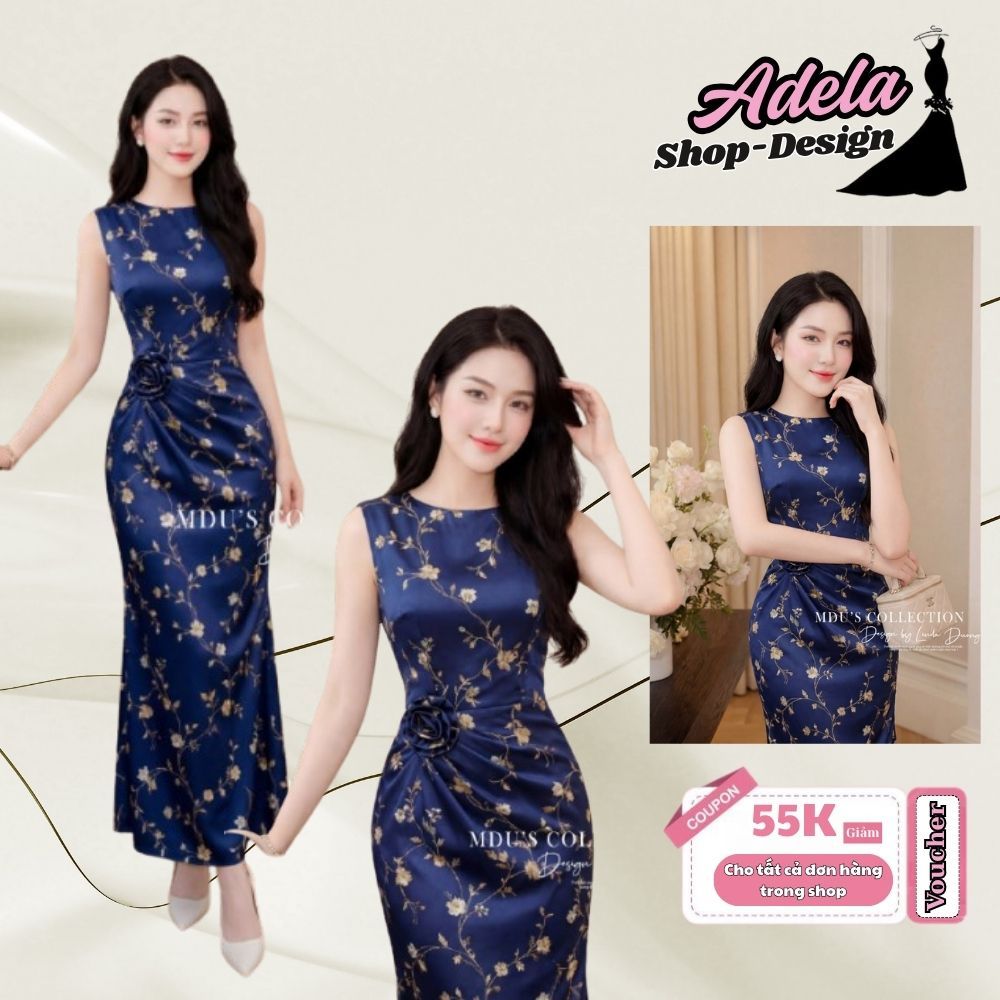 Váy Thiết Kế ADELA DESIGN Chất Lụa Satin Hoa Vàng Đuôi Cá Sang Trọng MDU6120
