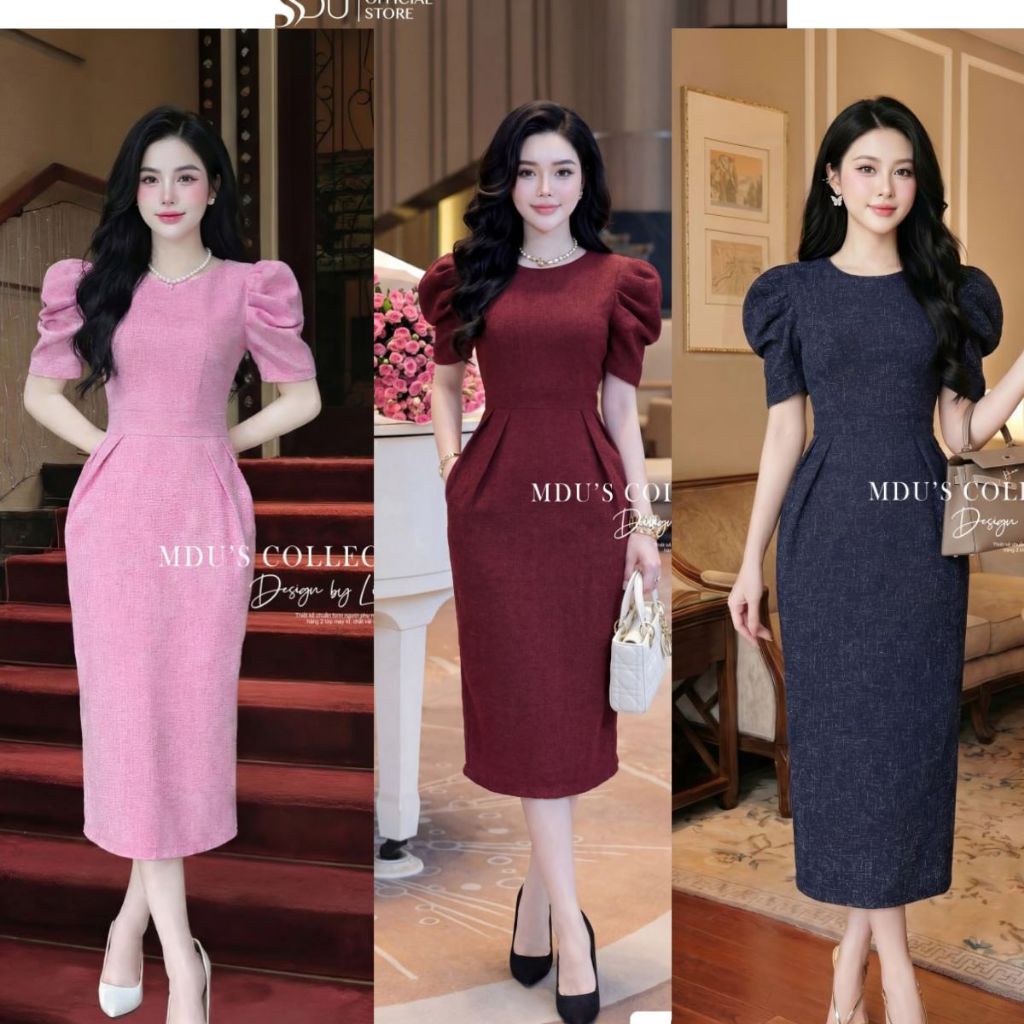 BST Váy Thiết Kế ADELA DESIGN Text Hàn Cao Cấp Ôm Body Tay Bồng Xẻ Sau MDU3712