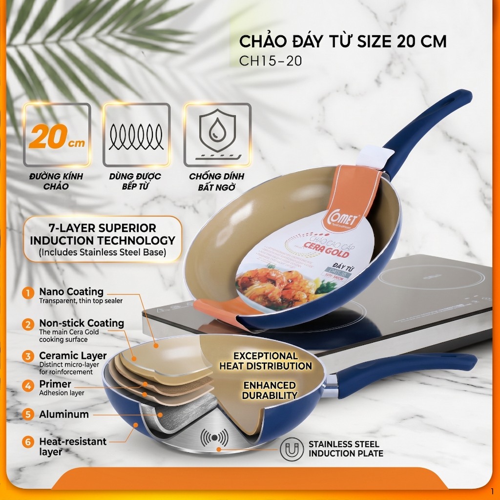 Chảo Chống Dính Đáy Từ Comet Cao Cấp 20cm Nhôm Phủ Ceramic Nano Chống Dính Bền Đẹp Dùng Bếp Từ
