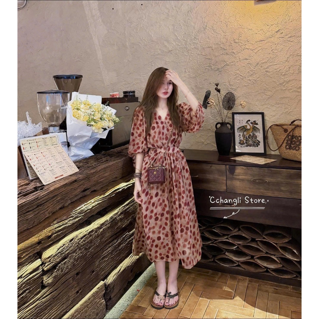 NH CLOTHER -Váy vintage họa tiết chấm loang màu đỏ  dáng dài xòe nhẹ