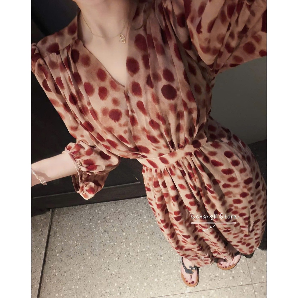 NH CLOTHER -Váy vintage họa tiết chấm loang màu đỏ  dáng dài xòe nhẹ