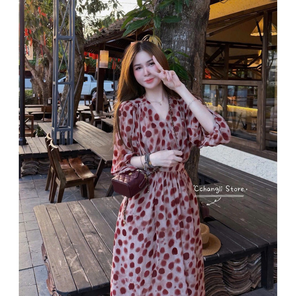 NH CLOTHER -Váy vintage họa tiết chấm loang màu đỏ  dáng dài xòe nhẹ