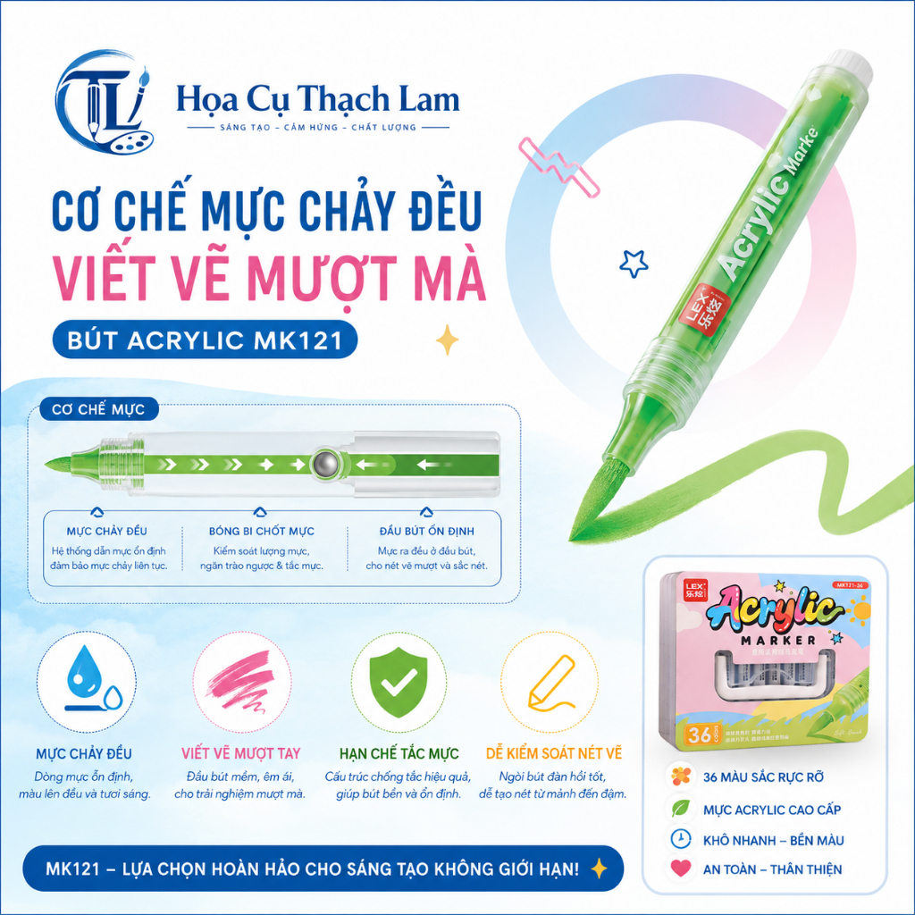 Bộ bút marker acrylic 21-60 MK121 màu ngòi cọ mềm mực lỏng tô màu vẽ tranh viết thiệp