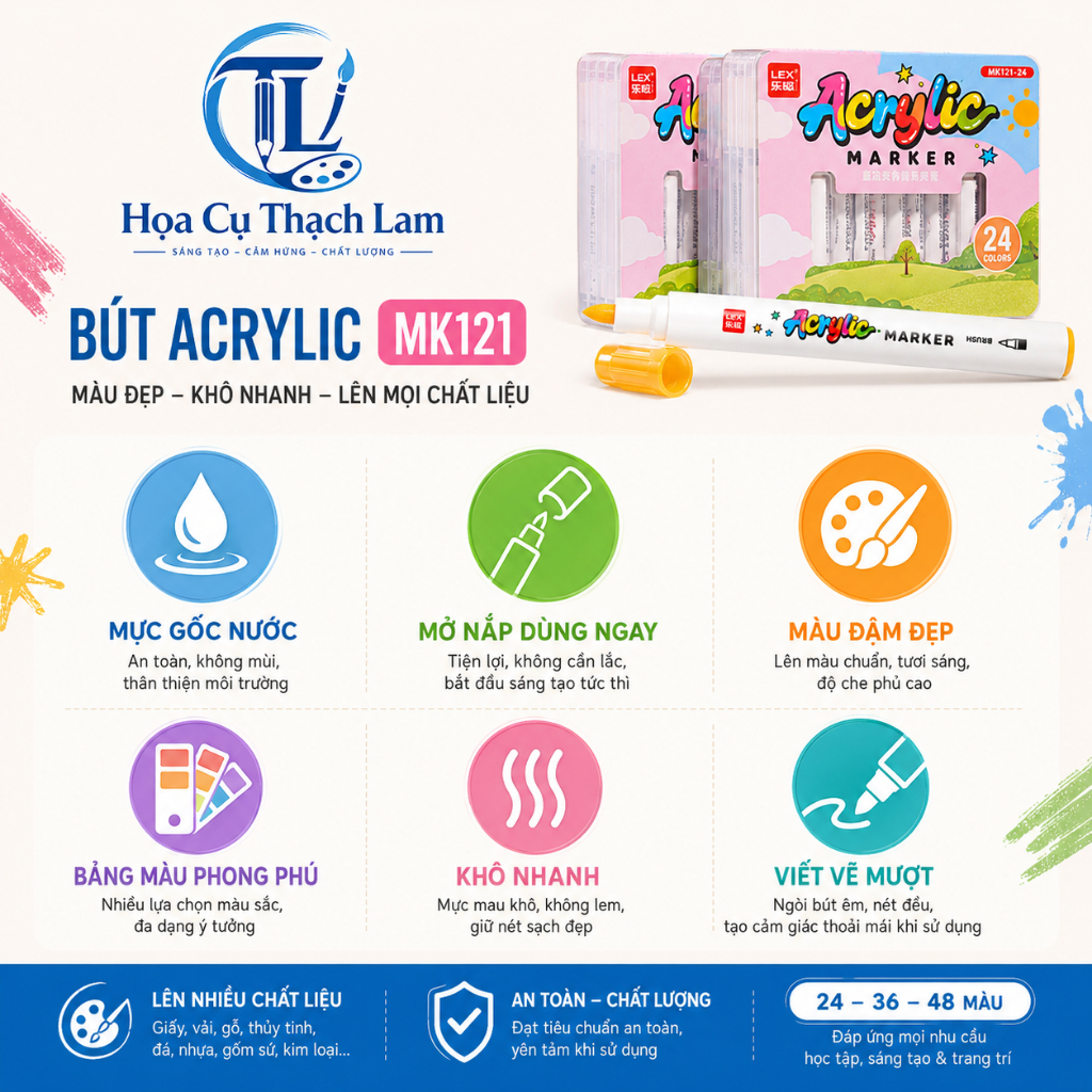 Bộ bút marker acrylic 21-60 MK121 màu ngòi cọ mềm mực lỏng tô màu vẽ tranh viết thiệp