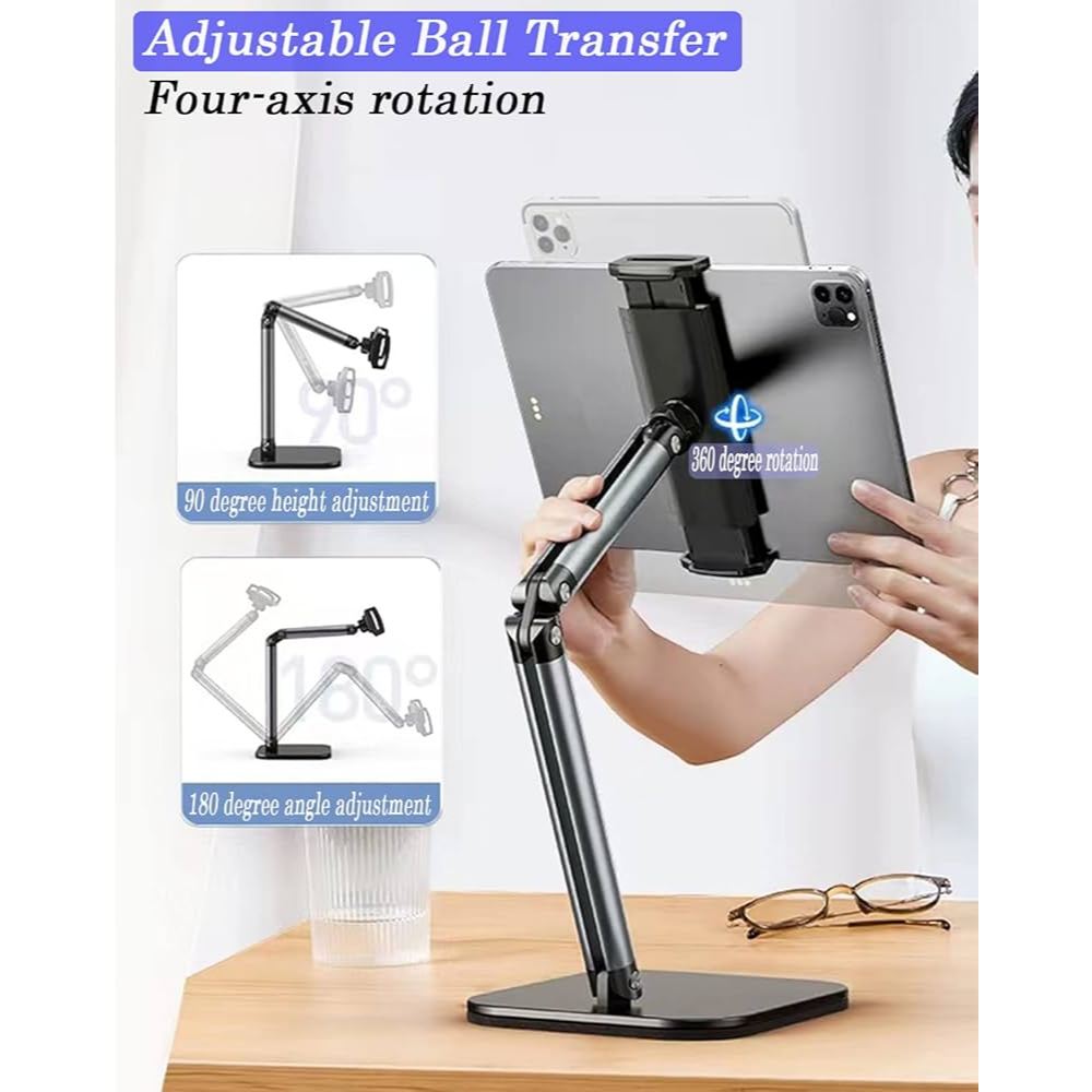 Giá đỡ ipad để bàn hợp kim nhôm phiên bản xoay 360° đa năng, Đế kẹp điện thoại đúc nguyên khối chắc chắn, gấp gọn