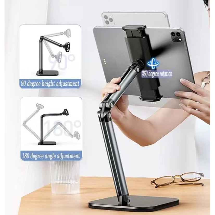 Giá đỡ máy tính bảng, ipad để bàn hợp kim nhôm xoay 360 độ 4 chiều cơ học đa năng, Đế đúc chắc chắn chống rung gấp gọn