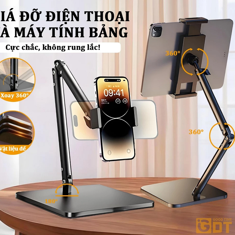 Giá đỡ máy tính bảng, ipad để bàn hợp kim nhôm xoay 360 độ 4 chiều cơ học đa năng, Đế đúc chắc chắn chống rung gấp gọn