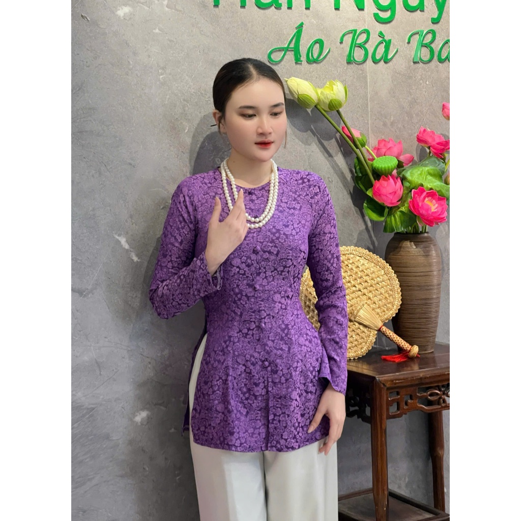 Hân Nguyễn Áo Bà Ba - B.A150 - Áo Bà Ba Gấm Tơ Hoa BaBi Cổ Tròn Nút Nụ Tay Dài Dây Kéo